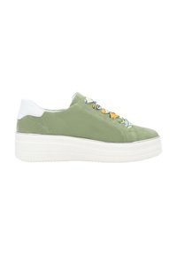 Green suede sneaker with a white heel, thick white sole, and colorful laces. Simple design with no visible patterns or additional hardware.