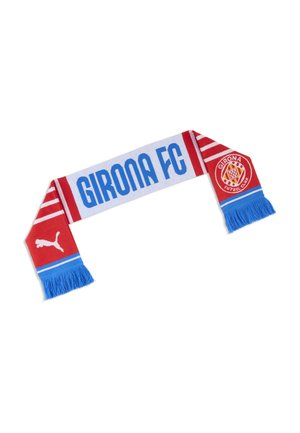 Écharpe de football rouge et blanche du Girona FC avec des franges bleues, logo Puma à une extrémité, et blason du club Girona à l'autre extrémité.