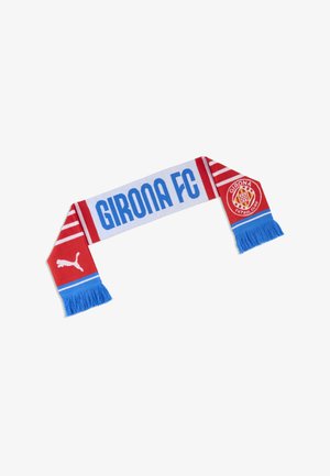 Rot-weißer Girona FC Fußballschal mit blauen Fransen, Puma-Logo an einem Ende und dem Vereinswappen von Girona am anderen Ende.