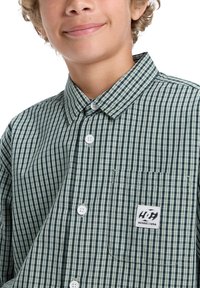Groen en wit geruit overhemd met een button-down kraag, witte knopen en een borstzak links met een logo-label. Zachte stoftextuur.