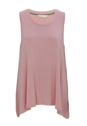 Top senza maniche rosa chiaro realizzato in tessuto morbido. Presenta un collo rotondo e una silhouette rilassata e fluida con spacchi laterali.