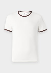 White short-sleeve T-shirt with brown ribbed neckline and sleeve hems, made from soft cotton material. Simple and classic design.