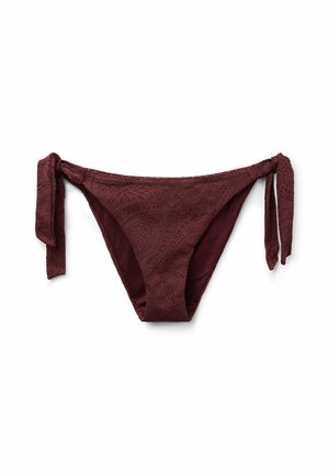 Burgunderrote Bikinihose mit Paisley-Muster und seitlichen Binderverschlüssen, dargestellt auf weißem Hintergrund.