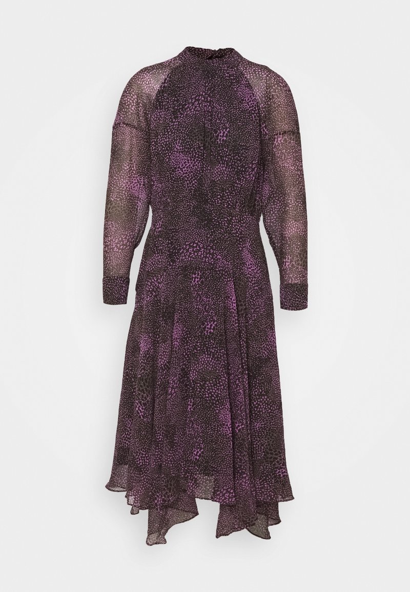 Robe midi à manches longues violette et noire à motifs, col montant, manches transparentes, taille cintrée et ourlet asymétrique.