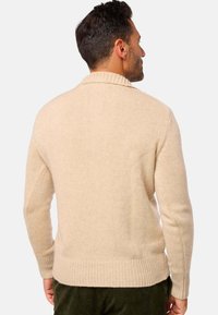 Mann mit kurzen dunklen Haaren, der einen beigen gestrickten Pullover und dunkle Hosen trägt, von hinten vor einem schlichten hellen Hintergrund gesehen.