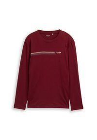 Langarmige bordeauxrode shirt van zachte stof, met een horizontaal gestreept ontwerp in wit en blauw over de borst en logo-detail.