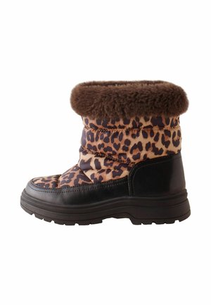 Leopardmuster-Stiefel mit schwarzem Lederbasis, kuscheligem braunem Kunstfellkragen, gepolstertem Design und strukturiertem Gummisohle.