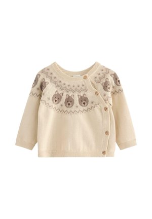 Beige gebreide cardigan met een ronde halslijn, lange mouwen en een decoratief berenpatroon op de borst, met houten knopen aan de zijkant.