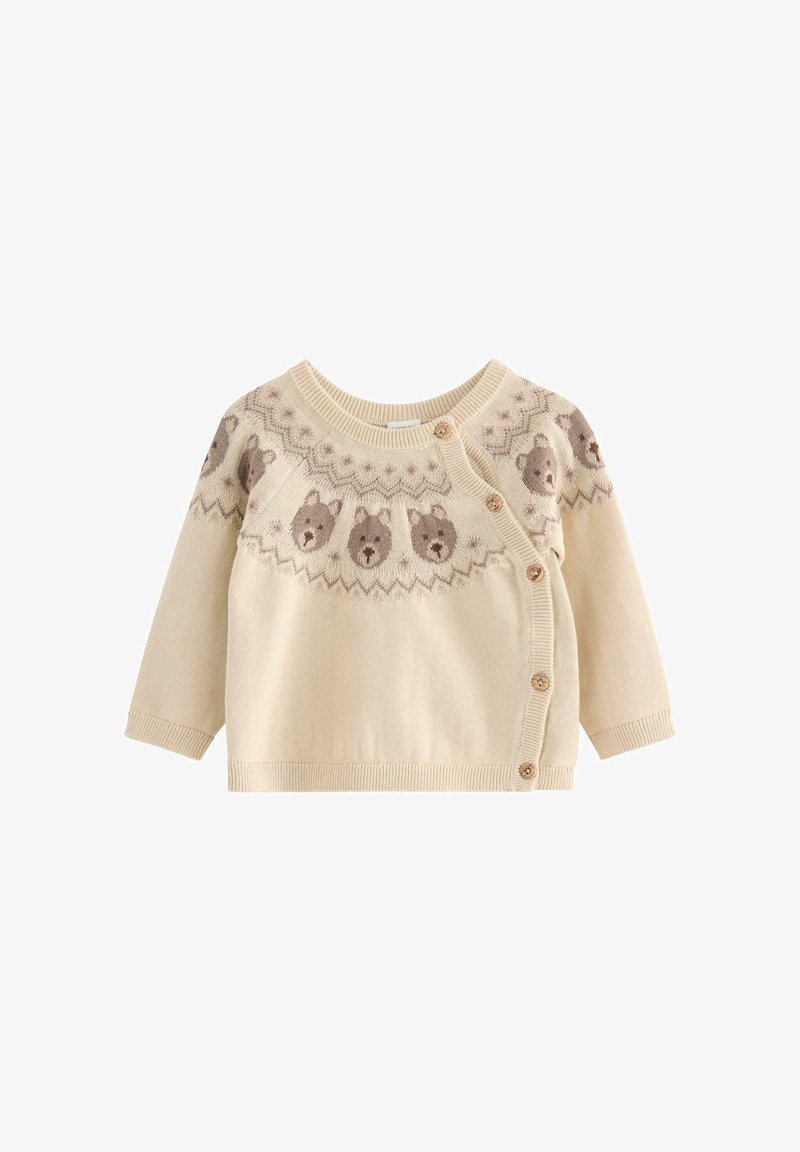 Cardigan in maglia beige con scollo rotondo, maniche lunghe e un motivo decorativo di orsetti sul petto, completato da bottoni in legno ai lati.