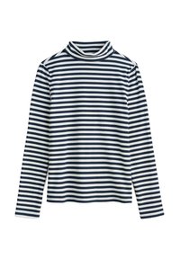Ilgi piedurkņu turtleneck tops tumši zilā un baltā horizontālā svītrā, ar ribotu tekstūru, standarta piegriezuma, ar augstu apkakli un sānu izgriezumiem.