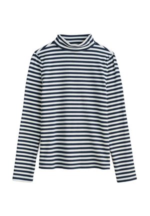 Dugi rukav turtleneck u tamnoplavoj i bijeloj horizontalnoj prugastoj nijansi, rebraste teksture, standardnog kroja, s visokim ovratnikom i bočnim prorezima.