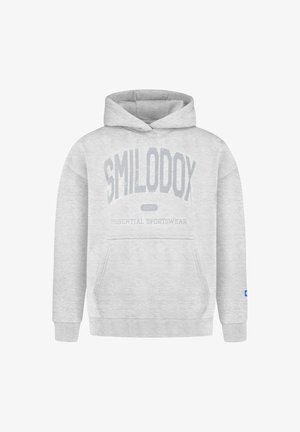 Felpa con cappuccio grigio chiaro con tasca frontale, polsini a costine e scritta "SMILODOX 2013 ESSENTIAL SPORTSWEAR" stampata sul petto.