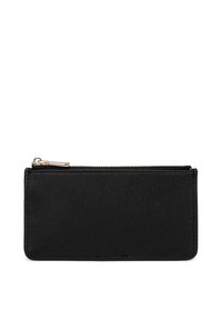 Portafoglio in pelle nera con finitura testurizzata, chiusura con zip e hardware color oro. Forma rettangolare, design minimalista, senza branding visibile.