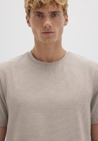 Striped crewneck t-shirt in beige and brown tones, short sleeves, soft fabric, subtle texture, with a classic fit.