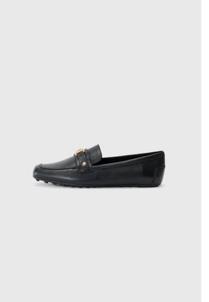 Black leather loafers with a flat design, rounded toe, and decorative gold-toned hardware on the strap. Textured rubber sole.