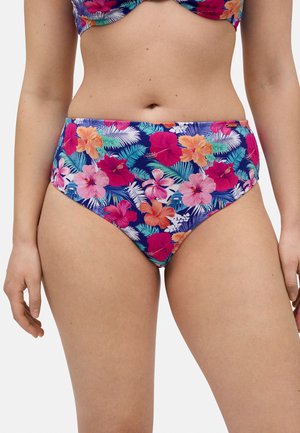 Bikini de tiro alto con un vibrante patrón floral, con flores rosas, naranjas y azules sobre un fondo azul oscuro. Tejido texturizado.