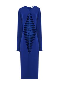 Vestido azul de manga larga con silueta ajustada, que presenta un diseño texturizado y en capas en la parte delantera y cierre de cremallera en la parte trasera.