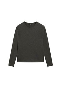 Tmavě šedá dlouhá košile s dlouhým rukávem vyrobená z měkké tkaniny, kulatý výstřih a rovný lem. Jednoduchý design bez viditelných vzorů nebo akcentů.