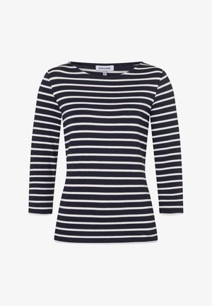 Marineblauw-wit gestreept shirt met lange mouwen en boothals, gemaakt van zachte stof, met een strakke pasvorm en rechte zoom.