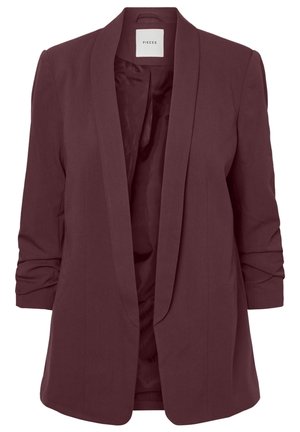 Blazer femme bordeaux foncé avec col à revers cranté et manches trois-quarts froncées, devant ouvert et doublure intérieure lisse.
