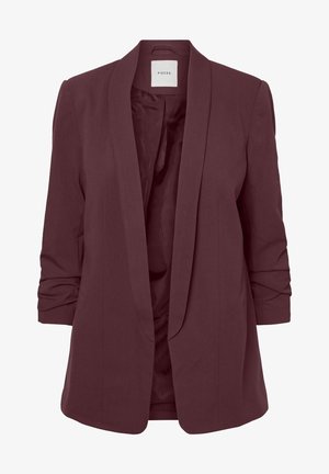 Blazer femenino burdeos oscuro con cuello de solapa con muesca y mangas tres cuartos fruncidas, parte delantera abierta y forro interior liso.