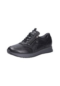 Sneaker in pelle nera con superficie texturizzata, design con lacci, zip laterale, suola ammortizzata e punta rotonda. Gli accenti includono cuciture sottili.