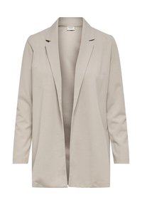 Vaaleabeige rakenteellinen bleiseri, jossa on pitkät hihat, avonainen etuosa, lovetut kaulukset ja sileä pinta. Ei nappeja tai kiinnityksiä näkyvissä.