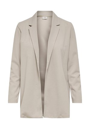Beige struktureret blazer med lange ærmer, åben front, slagkrave og en glat tekstur. Ingen knapper eller lukninger synlige.