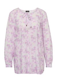 Langarmshirt van lichte pastelstof met een bloemenpatroon in roze en paars, met een ronde hals en een trekkoord met metalen uiteinden.