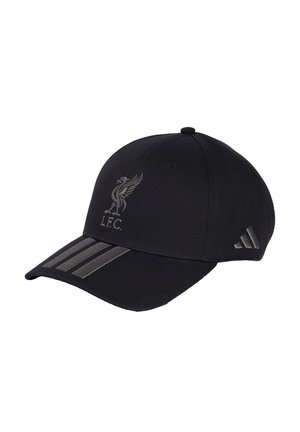 Schwarze Baseballkappe mit Liverpool FC Liver Bird-Logo vorne, Adidas drei Streifen auf dem gebogenen Schirm und Logo an der Seite.
