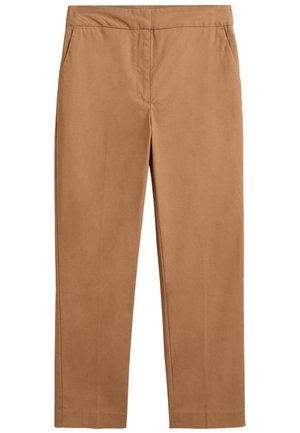 Brune skreddersydde bukser med flat front, sidelommer og rett ben design. Laget av glatt, holdbart stoff.
