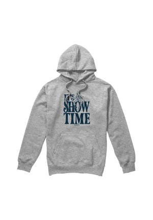 Light gray hoodie with front pocket, featuring dark blue text "IT'S SHOW TIME" and a small graphic of a skeleton sitting on the letters.