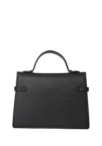 Borsa strutturata nera realizzata in materiale sintetico testurizzato. Presenta un manico superiore e piccole cinghie laterali, con una forma rettangolare piatta.