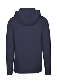 Navy blue hoodie displayed from the back, featuring long sleeves, ribbed cuffs, and a hood without drawstrings.