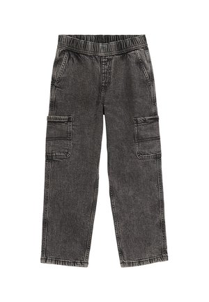 Pantalon cargo en denim gris foncé avec taille élastique, poches latérales et grandes poches à rabat sur les cuisses.