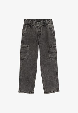 Dunkelgraue Denim-Cargohose mit elastischem Bund, Seitentaschen und großen Klappentaschen an den Oberschenkeln.