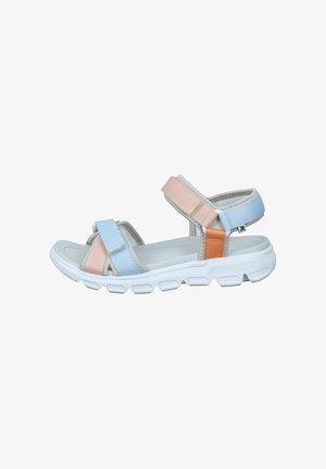 Sport-Sandalen mit einer weißen Gummisohle, ausgestattet mit textilen Riemen in Pink, Blau und Orange. Verstellbare Klettverschlüsse für eine individuelle Passform.