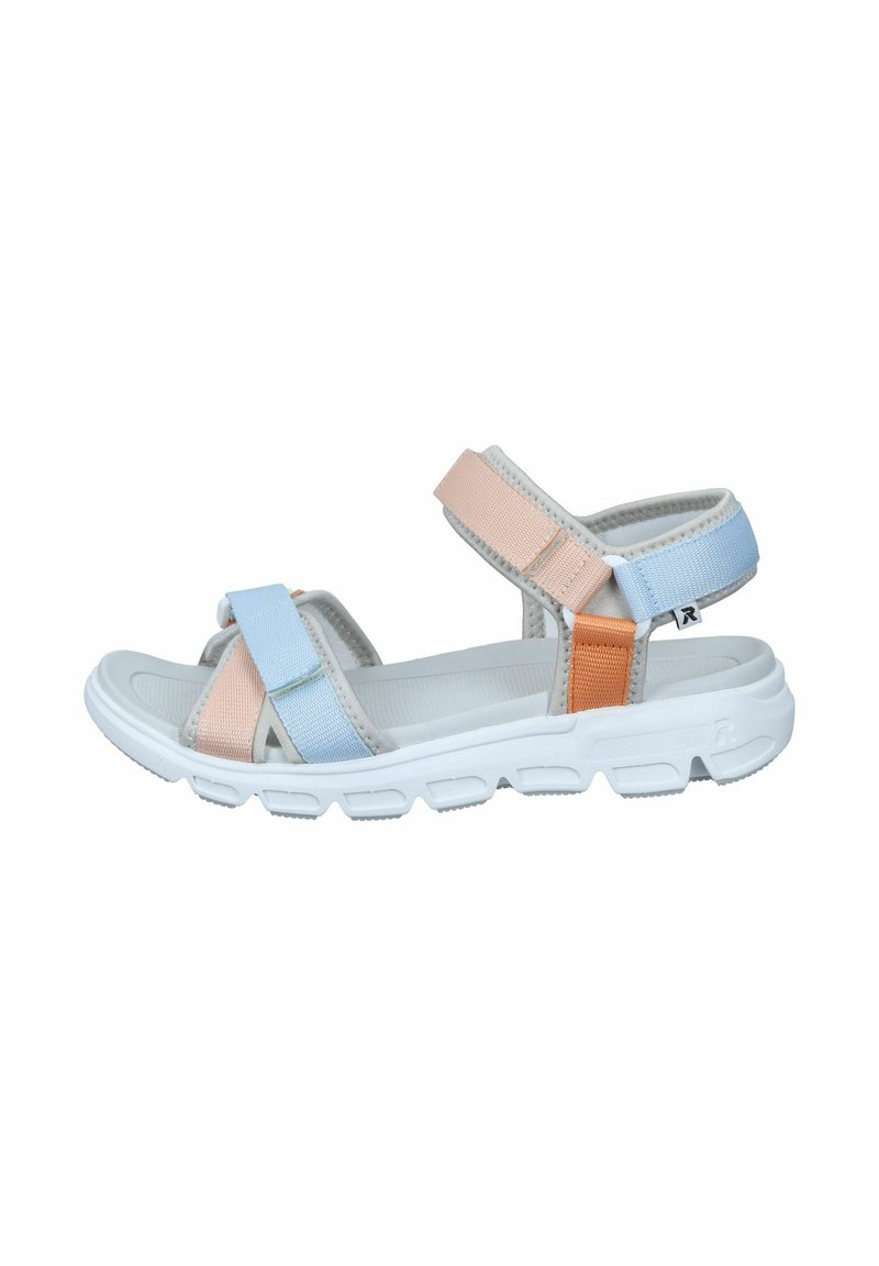 Sport sandals with a white rubber sole, featuring pink, blue, and orange textile straps. Adjustable velcro closures for fit.