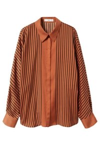 Rostorange Bluse mit langen Ärmeln, schwarzen vertikalen Streifen, spitzem Kragen, Knopfleiste und Manschetten.