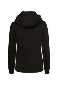 Black sweatshirt with a hood, featuring long sleeves and ribbed hem. The back is plain, made from soft, textured fabric.