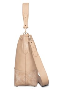 Beige bőr táska sima felülettel, puha nubuk alappal, állítható pánttal és aranyszínű fém kiegészítőkkel.