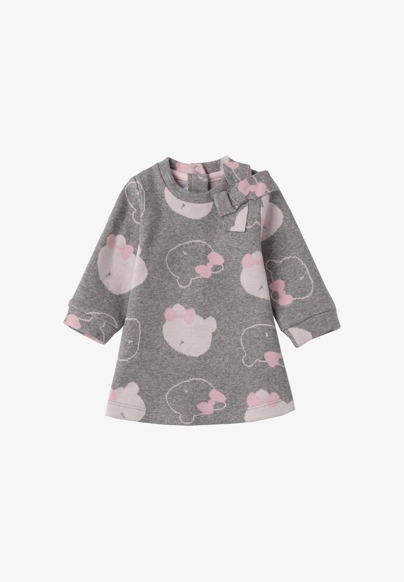 Robe bébé grise à manches longues avec un motif de visages d'ours roses et blancs et un nœud assorti près de l'encolure.