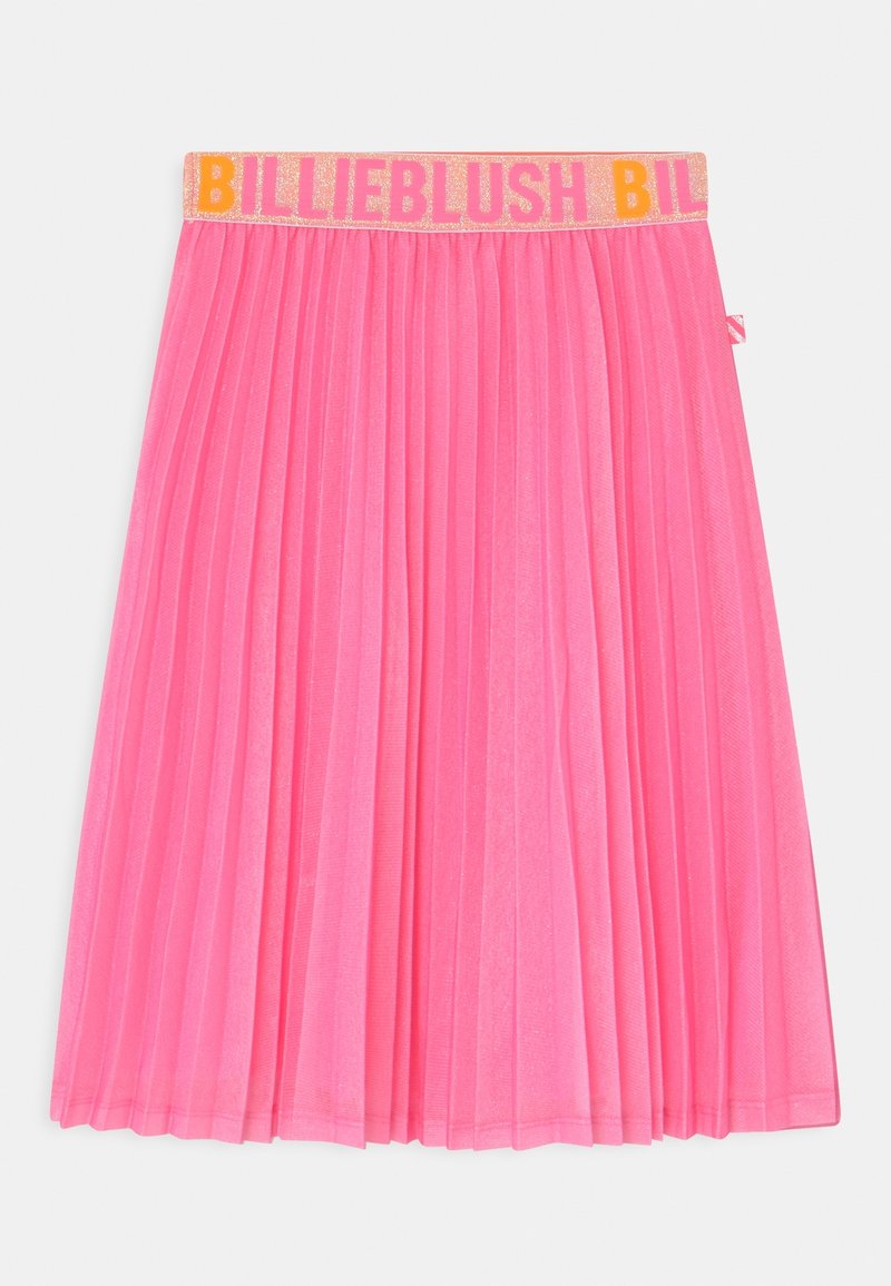 Plettet lyserødt skørt med skinnende tekstur og et orange glitrende taljebånd med teksten "BILLIEBLUSH" i fede bogstaver.