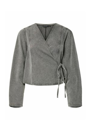 Wrapjack in grijs denim, met lange mouwen, striksluiting, v-hals en contrasterende stiksels langs de naden.