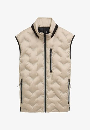 Bežová bezrukávová puff vest s vysokým golierom, zipsom vpredu, dvoma bočnými vreckami a vzorom do V. Čierne akcenty na pleciach a zipsoch vreciek.