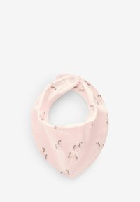 Rosa Baumwoll-Lätzchen in Dreiecksform mit kleinen, bunten Einhornmustern. Mit einem Druckknopfverschluss befestigt. Weiche Textur.
