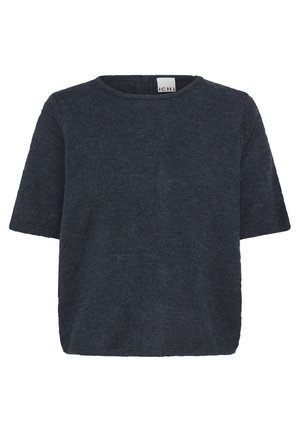 Tamnosivi kratki džemper s okruglim izrezom i naljepnicom unutar ovratnika na kojoj piše "ICHI".