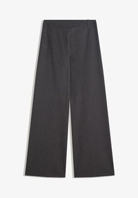 Hlače širokih nogavica od tamnosive tkanine, sa glatkom teksturom, pojasom s petljama za remen i bez vidljivih uzoraka ili ukrasa.