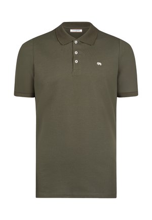 Kortærmet polo i olivengrøn med tre knapper og lille hvidt dyrelogo på venstre bryst.