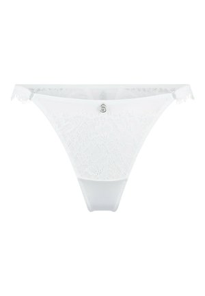 Witte kanten tong met bloemmotieven, zachte stof en delicate franjes aan de zijkanten. Inclusief een zilveren logo-accent aan de voorkant.